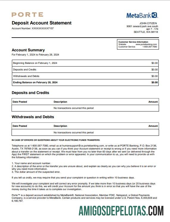 Modelo Word e PDF de extrato bancário meta dos EUA para impressão